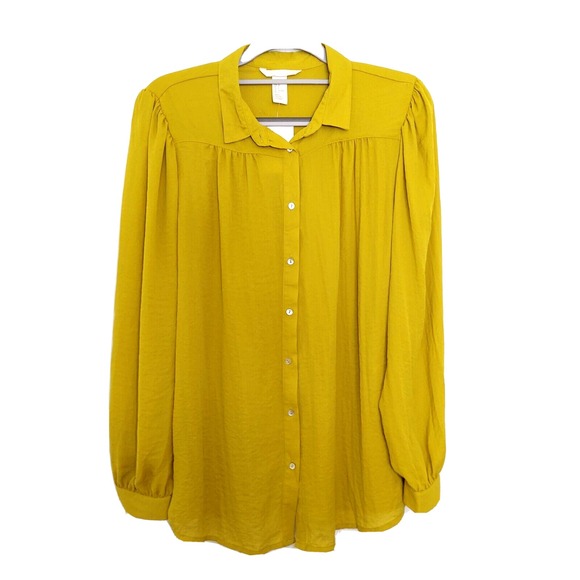 H&M women Shirt 8 Satin Crinkle Pearl Button Long Sleeve Dark Lime Preppy Retro - Picture 1 of 11